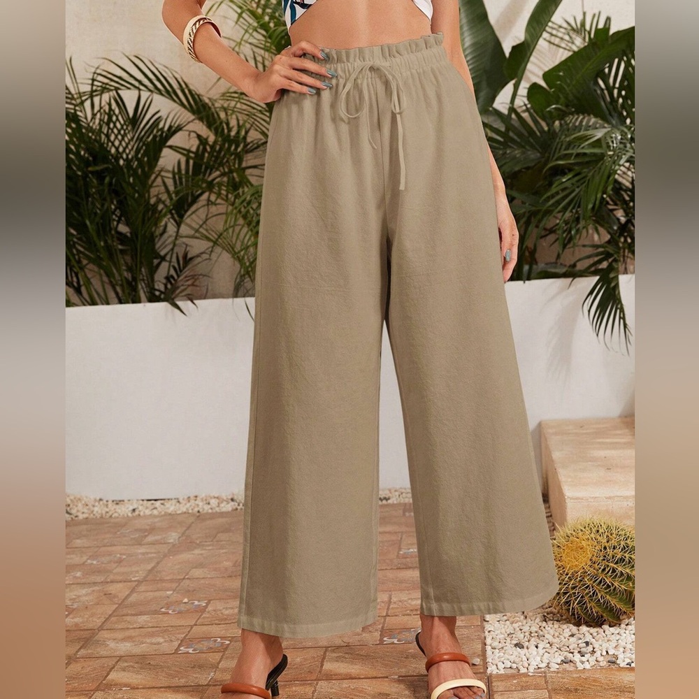 High waisted Frilled Waist Solid Wide Leg Pants green - Picture 13 of 13